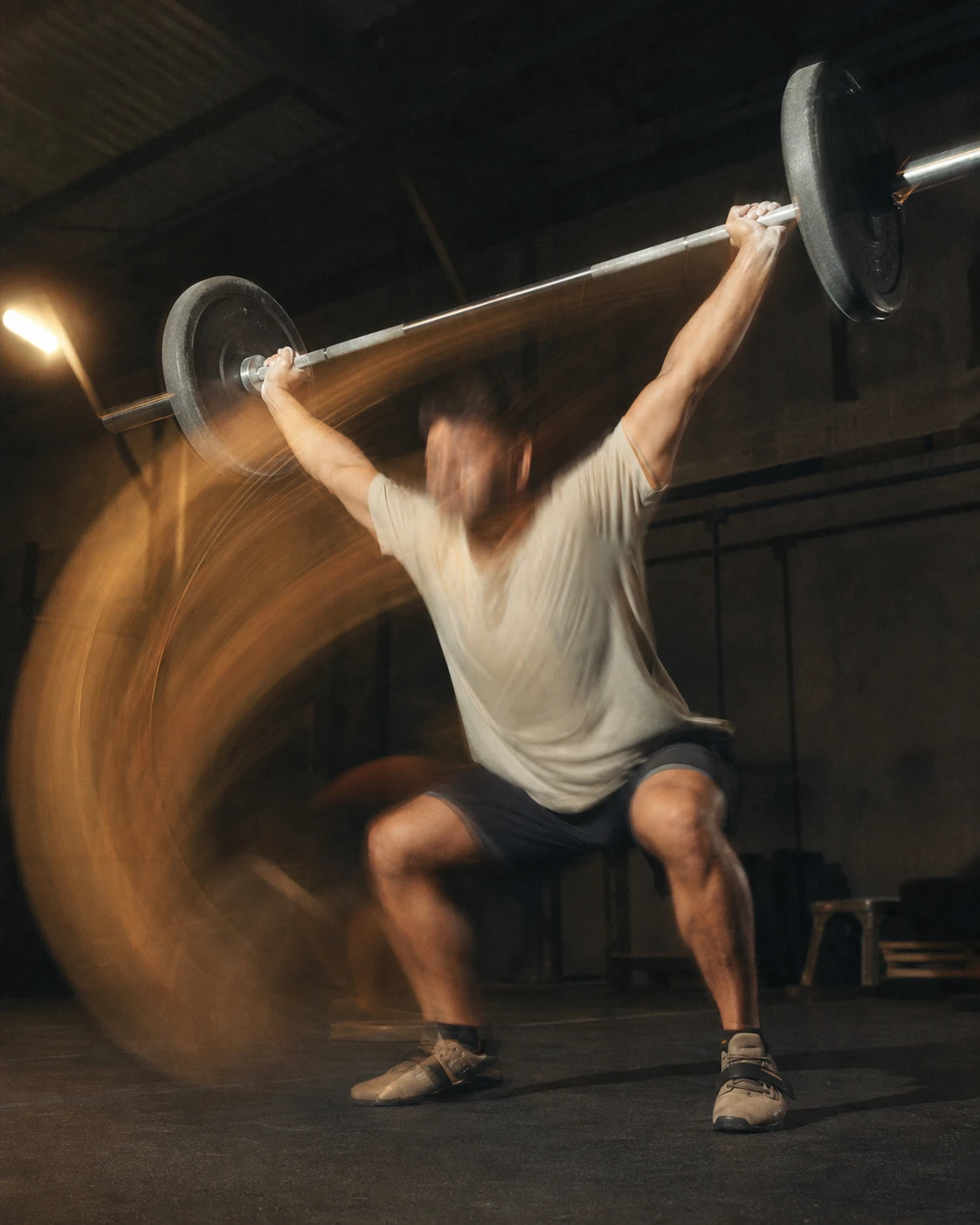 Atleta ejecutando una arrancada con barra en un gimnasio industrial